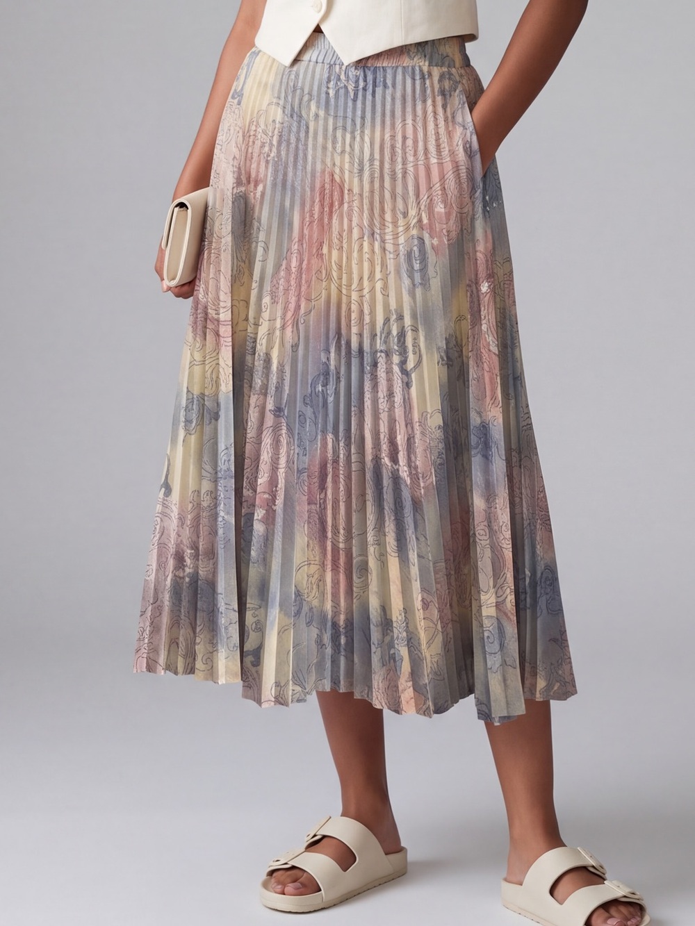 Vintage 70s 80s Accordion Pleated Midi Skirt Pastel Watercolor print feminine